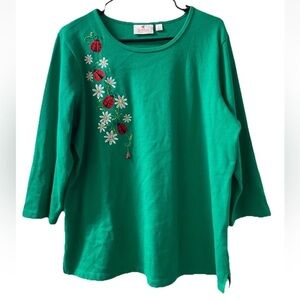 Quacker Factory Sz L Embroidered Beaded Ladybug Pullover Top Shirt Green QVC